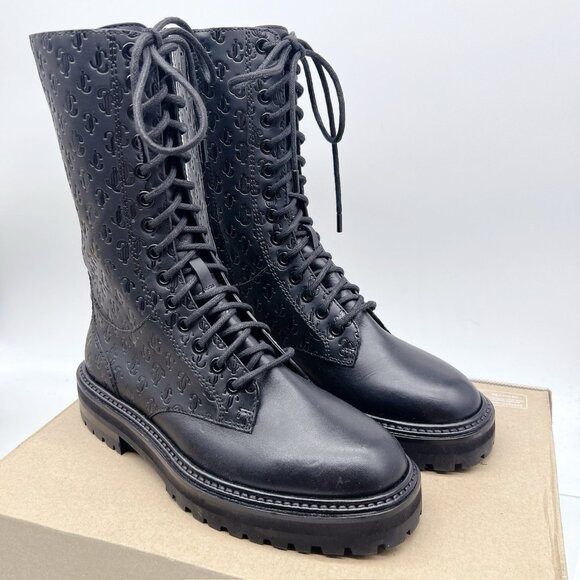 Jimmy Choo Cora Monogram Logo Debossed Combat Boots Black Leather EU 36.5 US 6.5 - Picture 4 of 9